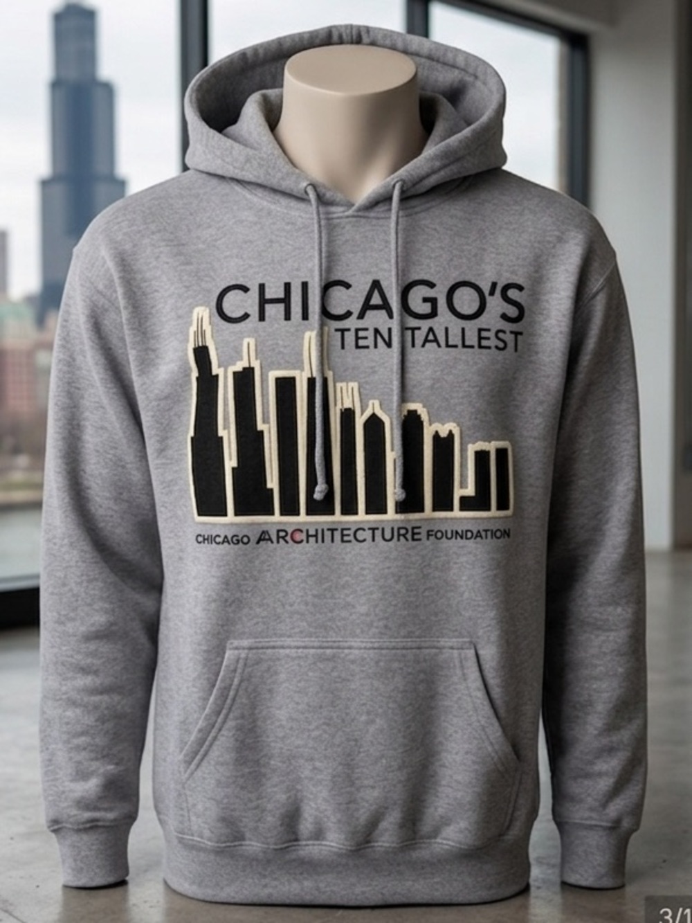 Chicago Architecture Foundation Gray Hoodie XL Tallest Buildings Textured